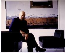 66/05.02 Porträt Dr. Peter Funken vor: Blick aus dem Fenster (Elsass), 1999